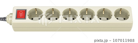 A power bar with built-in surge protector and multiple outlets. Surge protector or spike suppressor. 3D rendering 107011988