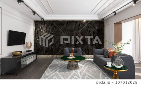 modern dark living interior with rock feature. 107012028