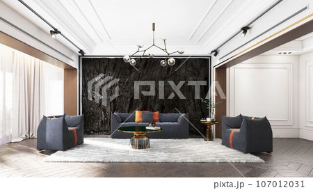 modern dark living interior with rock feature. modern dark living interior with rock feature. 107012031