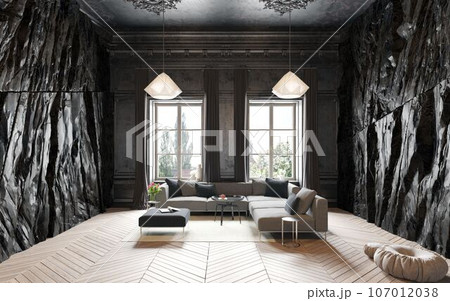 modern dark living interior with rock feature. modern dark living interior with rock feature. 107012038