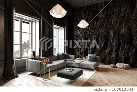 modern dark living interior with rock feature. 107012041