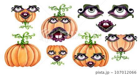 Watercolor monster pumpkins for Halloween and fantasy masks with eyes and lips 107012066