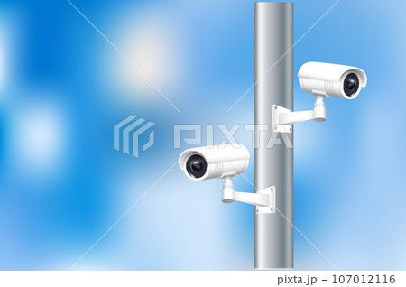 Close up of CCTV camera over defocused background. Security monitoring system for smart home, company. Vector 107012116