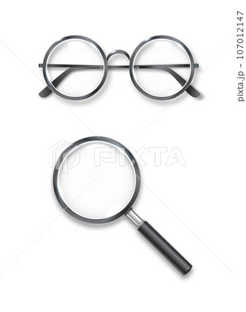 Spectacles and Magnifier of a detective, adaptations for otic investigations of crimes. Lens optics vintage fashion glasses. Vector 107012147