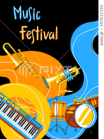 Poster with musical instruments. Jazz, blues and classical music. 107012193