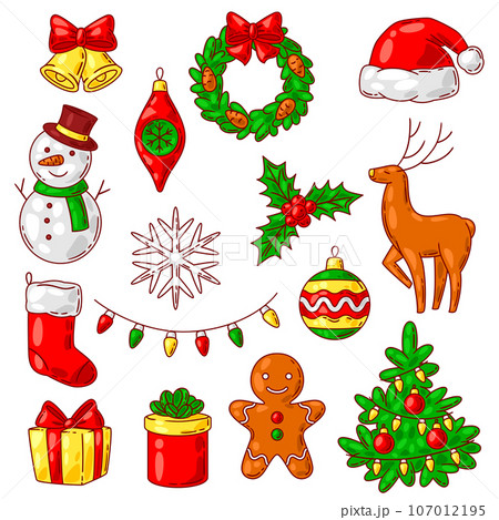 Set of Merry Christmas objects. Holiday items in cartoon style. 107012195
