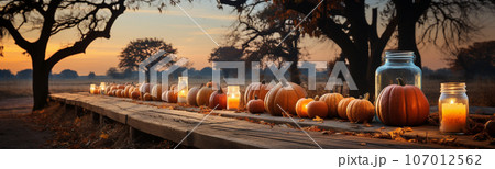 Spooky and fun collection of dozens of Halloween carved pumpkins outside on Hallows Eve - generative AI. Spooky and fun collection of dozens of Halloween carved pumpkins outside on Hallows Eve - generative AI. 107012562