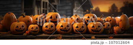 Spooky and fun collection of dozens of Halloween carved pumpkins outside on Hallows Eve - generative AI. 107012604