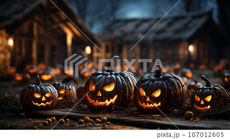 Spooky and fun collection of dozens of Halloween carved pumpkins outside on Hallows Eve - generative AI. 107012605