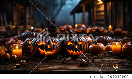 Spooky and fun collection of dozens of Halloween carved pumpkins outside on Hallows Eve - generative AI. 107012606