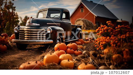 Pumpkins surround a vintage truck in a fall barn country setting - generative AI. 107012607