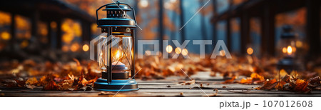 Warm and inviting lit vintage lantern resting on wood planks base outdoors in a fall setting - generative AI. 107012608