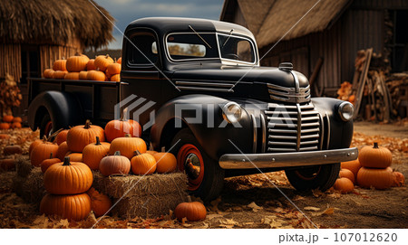 Pumpkins surround a vintage truck in a fall barn country setting - generative AI. 107012620