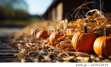 Dozens of orange fall and Halloween pumpkins and hay decorating the country barn scene - generative AI. 107012634
