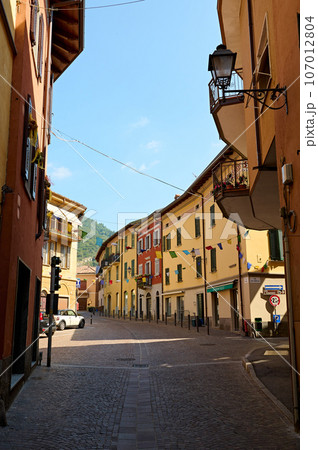 Still life. Medieval alley with various shops in Canzo, Lombardy, Italy. September 2023 107012804