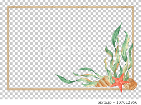 Marine horizontal frame, sand texture with seaweeds, seashells, red starfish. Watercolor hand drawn illustration for children isolated on white background. For cards, marine design. Marine horizontal frame, sand texture with seaweeds, seashells, red starfish. Watercolor hand drawn illustration for children isolated on white background. For cards, marine design. 107012956