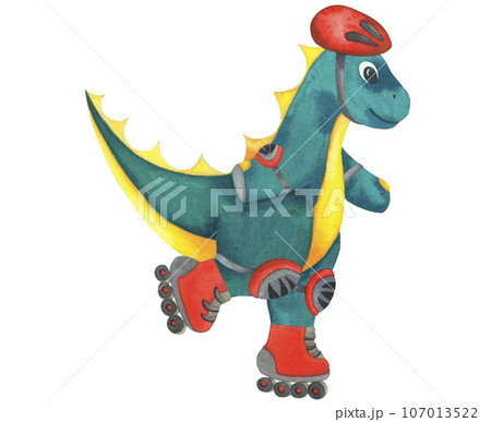 Cute Baby watercolour sport Dinosaur with rollerblades. Sports equipment. Hand drawn illustration isolated on white 107013522