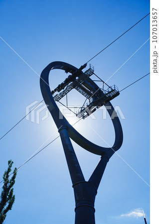 Cable car rings at VDNKh in Moscow against the blue sky.  107013657