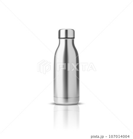 Vector Realistic 3d Steel, Silver or Chrome Blank Glossy Metal Reusable Water Bottle with Silver Bung Closeup Isolated on White Background. Design template of Packaging Mockup. Front View 107014004