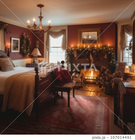 Cozy bed and breakfast decorated for Christmas. Interior of country house for Christmas celebration. 107014491