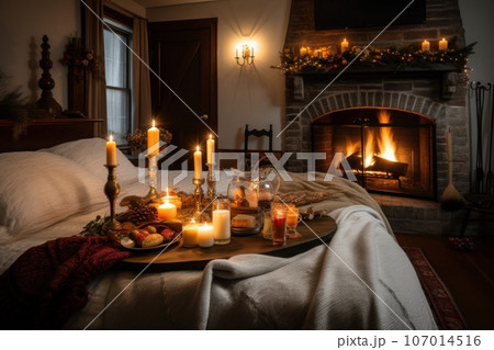 Close up white bed with wooden board with food, candles, fireplace. Cozy room for family Christmas. 107014516