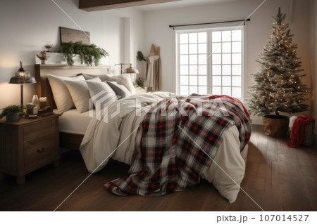 White bedroom in small country house or bed and breakfast for cozy Christmas holiday. White bedroom in small country house or bed and breakfast for cozy Christmas holiday. 107014527