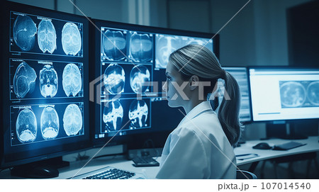 病院でMRI・CT・レントゲンなどの画像処理で病気をモニターで発見する医師(人間ドック・脳ドック) 病院でMRI・CT・レントゲンなどの画像処理で病気をモニターで発見する医師(人間ドック・脳ドック) 107014540