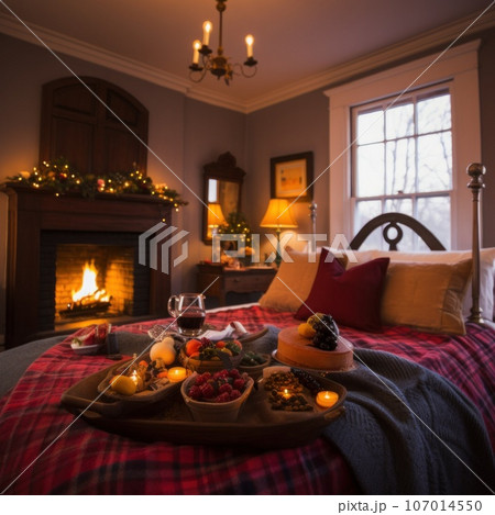 Bedroom or bed and breakfast in country house for Christmas. Close up bed with food tray, fireplace. Bedroom or bed and breakfast in country house for Christmas. Close up bed with food tray, fireplace. 107014550