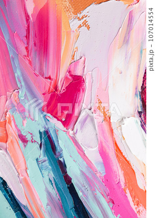 Multicolored texture painting. Abstract art background. oil on canvas. Rough brushstrokes of paint. 107014554