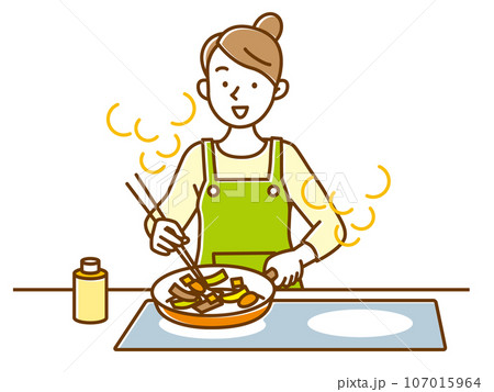 IHクッキングヒーターで楽しそうに料理をする若い女性 107015964