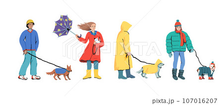 People walk dogs in bad weather. Walk with a dog in the fall and winter in the rain on a cold day. Set of isolated characters. Vector illustration. 107016207