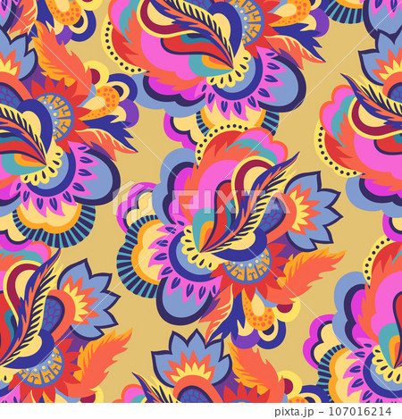 Bright seamless psychedelic pattern with abstract colorful elements. Bright seamless psychedelic pattern with abstract colorful elements. 107016214