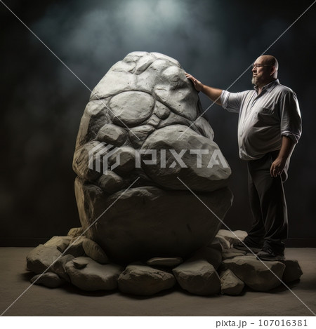 Adult man touches a huge stone with his hand. AI Adult man touches a huge stone with his hand. AI 107016381