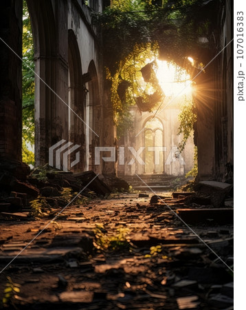 Ruins of abandoned palace or catholic church indoor in the sunshine. AI 107016383