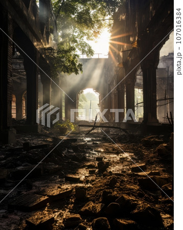 Ruins of abandoned palace or catholic church indoor in the sunshine. AI Ruins of abandoned palace or catholic church indoor in the sunshine. AI 107016384