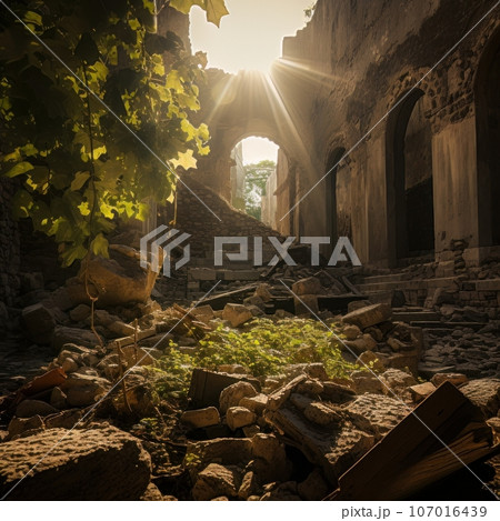 Ruins of abandoned palace or catholic church indoor in the sunshine. AI 107016439