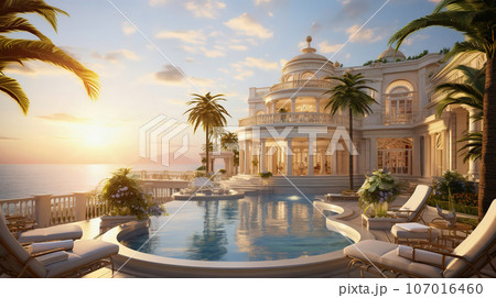 Luxury tropical resort with swimming pool and loungers umbrellas. Sea with blue sky in background Luxury tropical resort with swimming pool and loungers umbrellas. Sea with blue sky in background 107016460