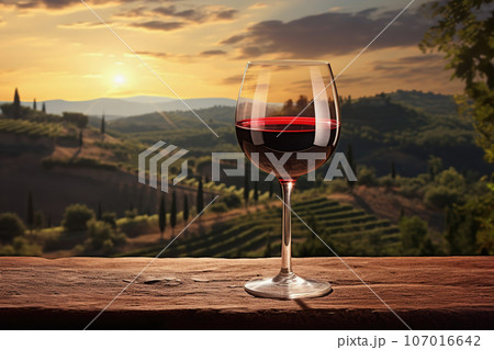 One glass of red wine and green landscape view, product display for wine testing 107016642