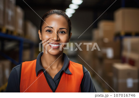 Hispanic female warehouseemployee in store warehouse among boxes Hispanic female warehouseemployee in store warehouse among boxes 107016746