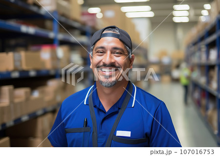 Hispanic male warehouseemployee in distribution delivery center. Storehouse package supervisor Hispanic male warehouseemployee in distribution delivery center. Storehouse package supervisor 107016753