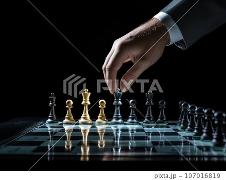 Faceless businessman plays chess. Strategy for success and victory. AI 107016819