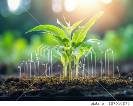 Green sprouts in the ground. AI 107016873