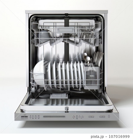 Open dishwasher with clean dishes inside. AI Open dishwasher with clean dishes inside. AI 107016999