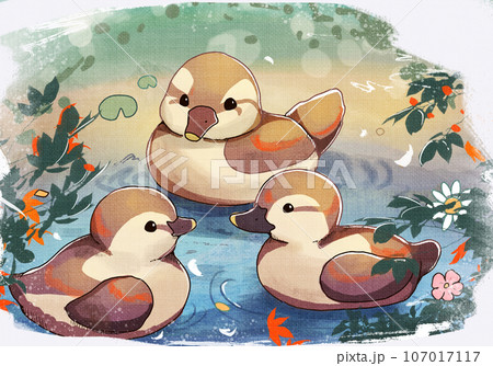 水彩  泳ぐカルガモの親子 107017117