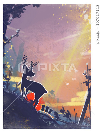 森の中  鹿のイラスト 秋  107017118