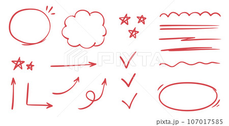 Red line check mark, underline, circle. Hand drawn doodle sketch red marker stroke emphases, highlight, check mark elements. Study focus, important underline, circle sketch. Vector Red line check mark, underline, circle. Hand drawn doodle sketch red marker stroke emphases, highlight, check mark elements. Study focus, important underline, circle sketch. Vector 107017585