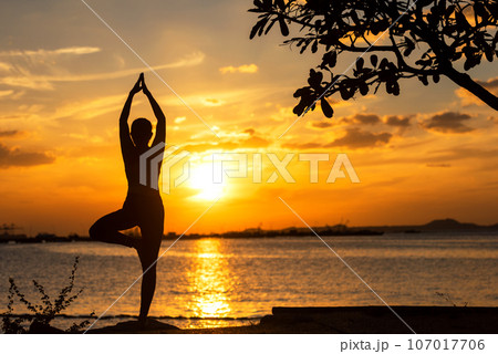 Silhouette lifestyle woman yoga exercise and worm up raise arm before pose for healthy life Silhouette lifestyle woman yoga exercise and worm up raise arm before pose for healthy life 107017706