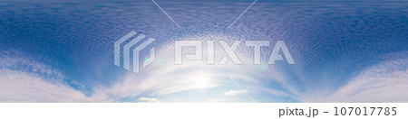 Sunset sky panorama with bright glowing pink Cirrus clouds. HDR 360 seamless spherical panorama. Full zenith or sky dome in 3D, sky replacement for aerial drone panoramas. Climate and weather change. Sunset sky panorama with bright glowing pink Cirrus clouds. HDR 360 seamless spherical panorama. Full zenith or sky dome in 3D, sky replacement for aerial drone panoramas. Climate and weather change. 107017785