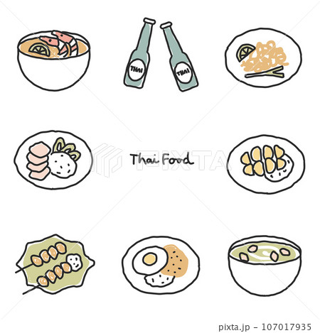 タイの食べ物おしゃれな手書きイラストセット 107017935
