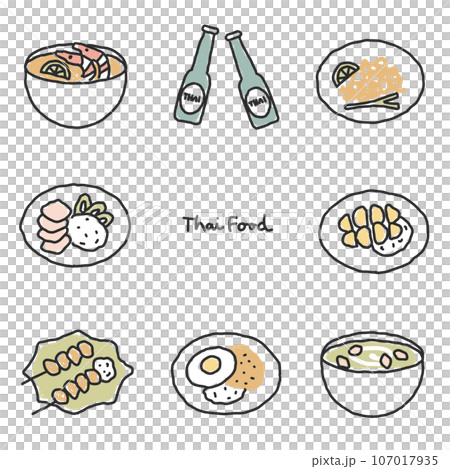 タイの食べ物おしゃれな手書きイラストセット 107017935